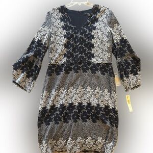 Maggy London Black and White Lace-Patterned Long Sleeve Sheath Dress
